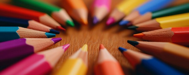 Obraz premium Colorful Pencils Arranged in Circular Pattern Creative Artistic Design on Wooden Surface Still Life