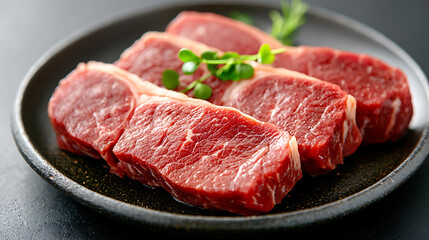 Fototapeta premium Artful presentation of thin slices of wagyu beef on a black plate culinary art gourmet cuisine modern kitchen setting close-up shot