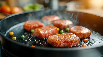 Sizzling wagyu beef cooking on japanese teppanyaki grill culinary delight indoor kitchen environment close-up view for food lovers