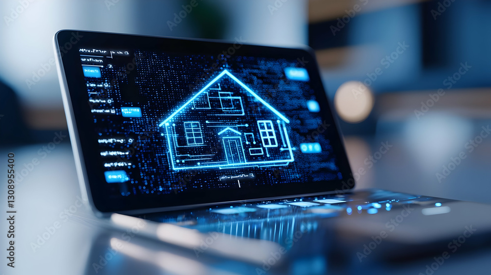 Poster digital home design concept on tablet with blueprints and code