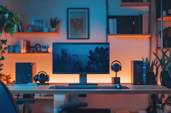 A modern home office setup with a desktop computer, headphones, and plants. The room is lit with warm orange and cool blue light.