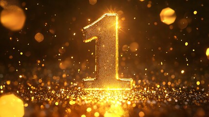 A glowing golden number one surrounded by shimmering particles, symbolizing celebration or achievement.