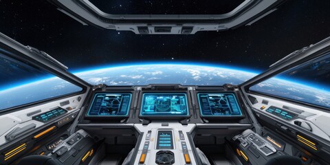 Obraz premium Exploring space futuristic cockpit view of earth from a starship sci-fi environment high-tech perspective