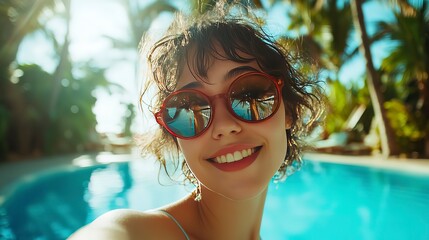 Young woman taking selfie in tropical resort, bright daylight, vibrant blue and green tones, pool and palm trees behind, and vacation relaxed vibe, close-up shot.