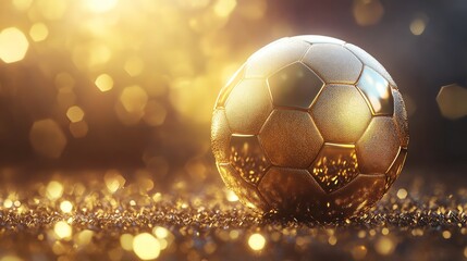 Fototapeta premium A gleaming golden soccer ball rests on a glittering surface, illuminated by warm light, evoking a sense of triumph and celebration.