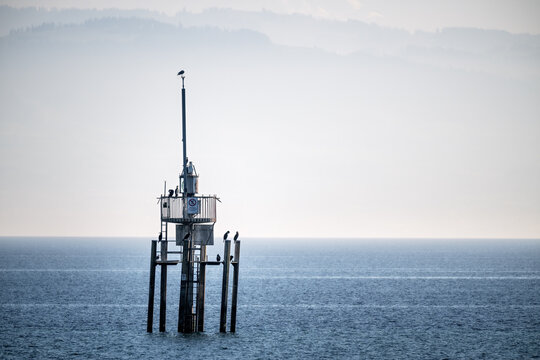 Isolierte Messstation auf Stelzen im offenen Wasser mit V&ouml;geln und nebliger Bergkulisse im Hintergrund
