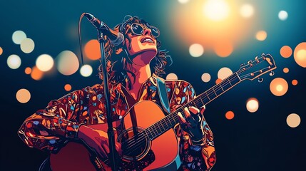 Obraz premium A vibrant performer with sunglasses plays guitar on stage, illuminated by colorful lights, creating a lively atmosphere.