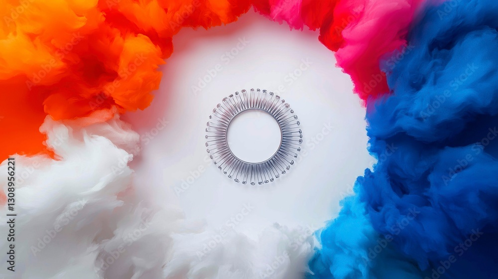 Poster artistic circle of color cloud with metal spring object in the center colorful swirls aesthetic