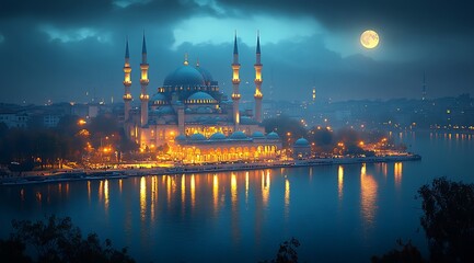 Obraz premium Scenic Night View of an Illuminated Mosque Beside a Calm River Under a Full Moon