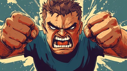 A fierce, animated character expressing intense anger with clenched fists and a powerful expression, surrounded by explosive energy.