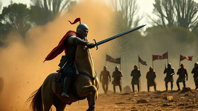 Un caballero medieval combate en un campo, levantando polvo y escombros mientras blande su espada.