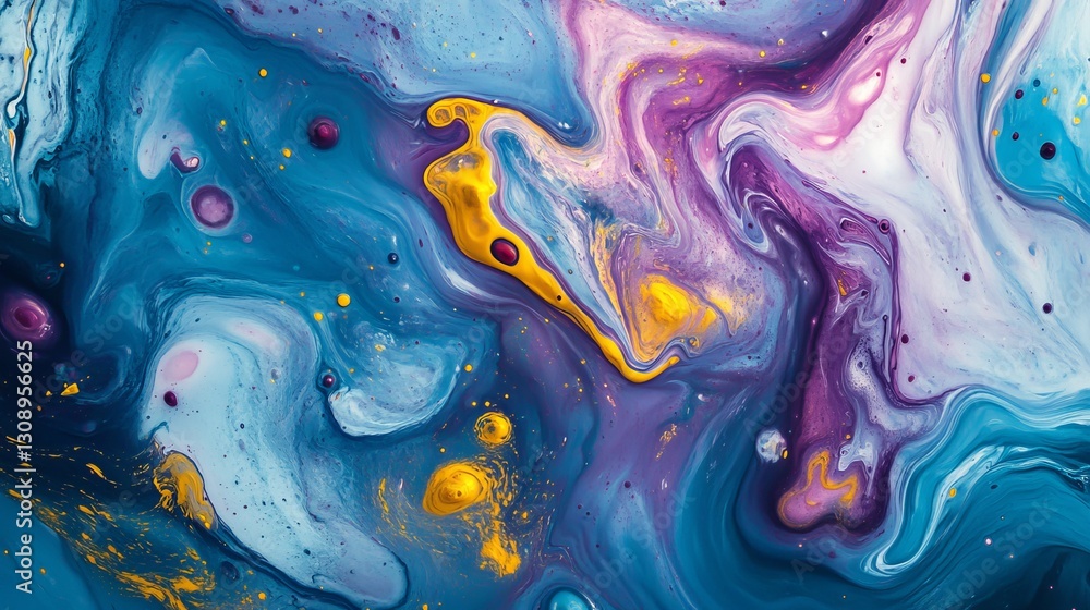 Poster a stunning abstract composition of deep blue and purple hues accented by bold yellow highlights, cre
