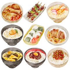 Watercolor Japanese Food Illustration Set, Traditional Cuisine, Rice Bowl, Sushi, Ramen, Bento, Yakitori, Oden, Donburi, Miso Soup, Curry Rice, Hand Painted, Realistic