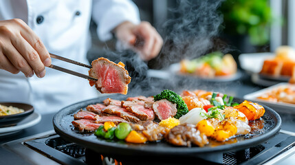 Chef skillfully preparing thinly sliced wagyu beef on a hot plate gourmet restaurant culinary experience modern kitchen close-up view elevated dining concept