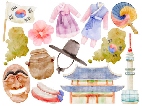 Watercolor Korean Culture Illustration Set, Traditional Korea, Hanbok, Palace, Mask, Fan, Hat, Kimchi Pot, Flower, Flag, Landmark, Hand Painted, Realistic