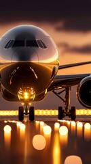 Fototapeta premium Airplane on Runway at Dusk with Golden Lights Creating Dramatic Reflection and Atmosphere