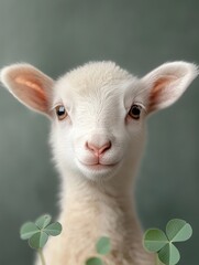 Fototapeta premium Young lamb with soft fur and curious expression surrounded by clovers in a serene setting