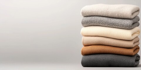 Cozy knitwear stacked neatly home product display minimalistic setting eye-level comfort and style