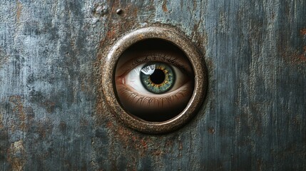 A close-up of an eye peering through a round, rusty peephole in a textured metallic surface.