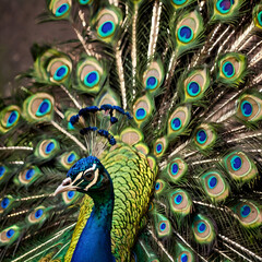 Fototapeta premium A vibrant peacock showcasing its iridescent blue and green tail in full display