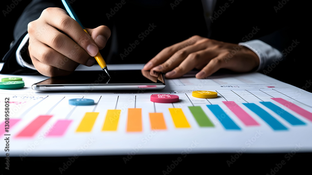 Poster business professional analyzing data on tablet with colorful charts