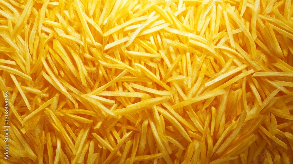 Poster a close-up view of a large pile of raw, thinly sliced potato sticks, creating a textured golden yell
