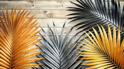 Asymmetrical Palm Leaves: Black & White High Contrast Wooden Texture Stock Photo