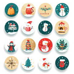 Festive Christmas Icon Set with Snowmen, Trees, Ornaments, and Winter Cheer
