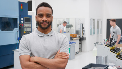 Obraz premium Portrait Of Male Engineer On Factory Floor Of Busy Workshop
