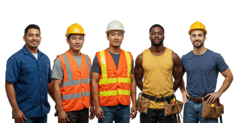 Five construction workers stand confidently, showcasing their safety gear, including hard hats and vests, isolated on transparent background