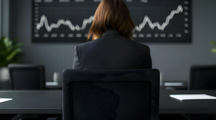 Businesswoman at Desk with Graphs in Modern Office Environment