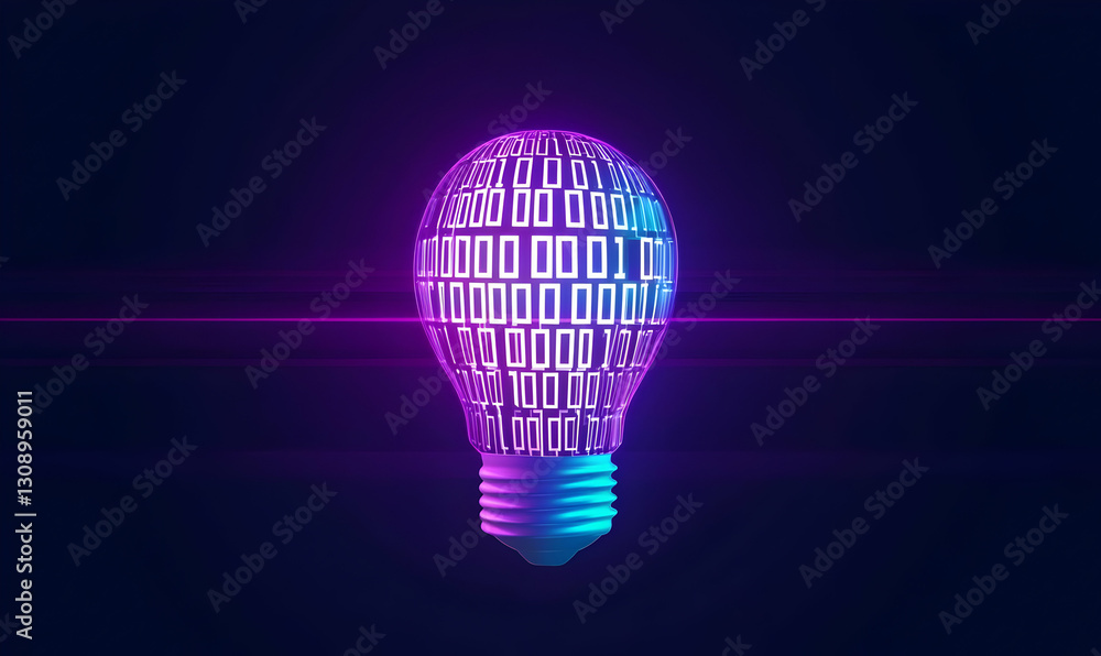 Poster colorful light bulb created from binary code against dark background