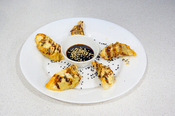 A plate of dumplings with a dipping sauce