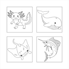 Cute sea creatures coloring pages, cartoon
axolotl, smiling whale, friendly stingray, detailed
swordfish, black and white fine drawings,
children's book illustrations, simple outlines,
marine fife.