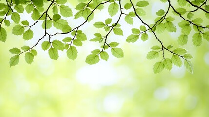 Obraz premium Vibrant Green Leaves on Branch Against Soft Light Background