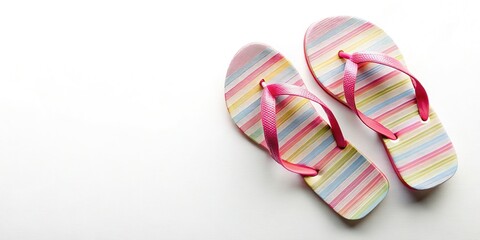 Summer Flip Flops Flat Lay: Soft Feminine White Background Product Photography with Copy Space