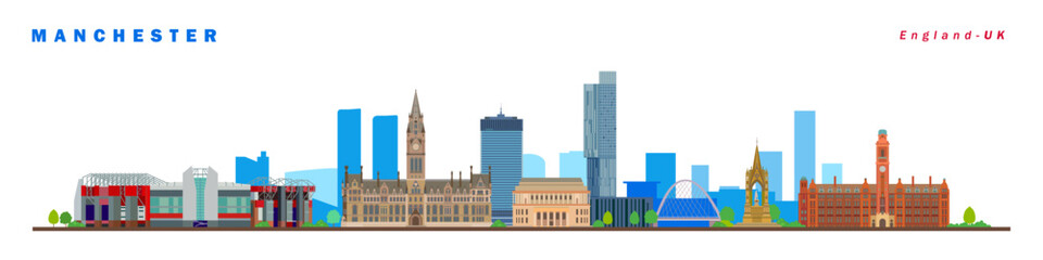 Manchester City skyline and landmarks travel and tourism vector illustration.