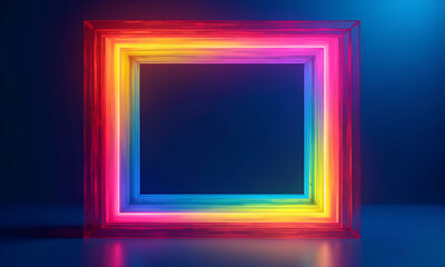 vibrant, multicolored neon frame with glowing effect against dark background creates striking visual impact. This artistic piece showcases blend of colors, enhancing its modern aesthetic