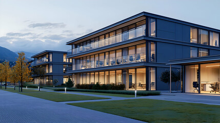 Obraz premium Modern Architectural Office Buildings With Glass Facades And Evening Lighting At Dusk