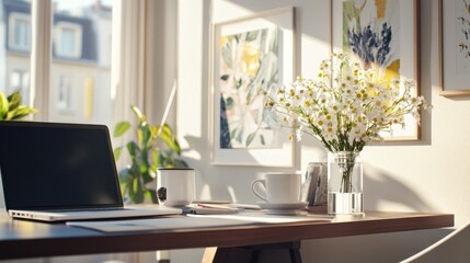Sunny Parisian office desk with flowers, laptop, and city view; ideal for work/home office stock
