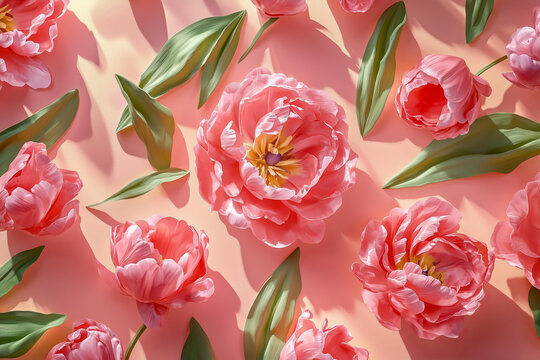 The image features a flat lay arrangement of pink tulips with green leaves placed on a soft pastel pink background. The flowers are in full bloom, showcasing delicate petals   - Powered by Adobe