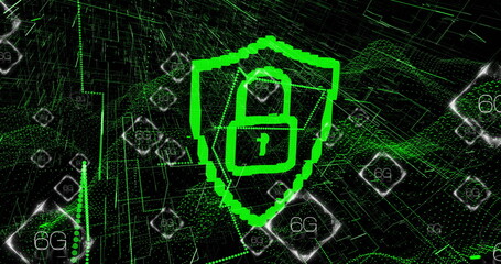 Naklejka premium Image of digital data processing and 6g text with padlock icon