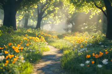 Obraz premium Scenic Spring Hiking Trail Surrounded by Blooming Flowers