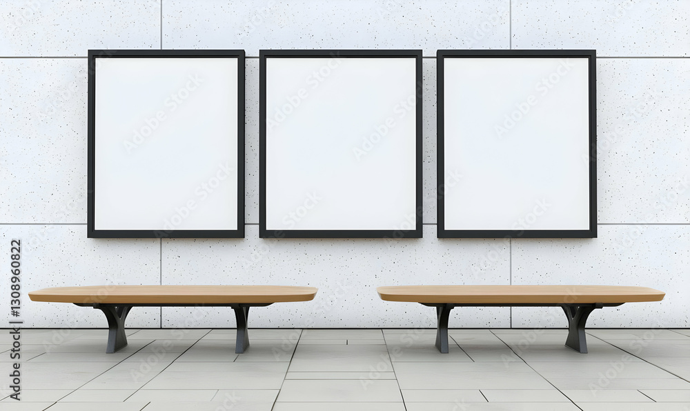Aufkleber modern minimalist display with empty frames and wooden benches
