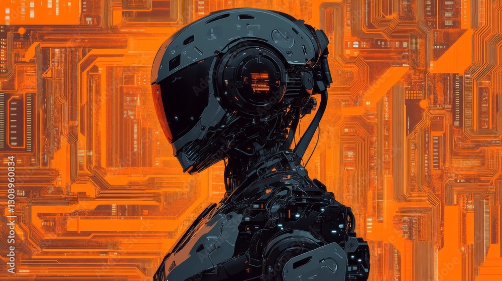 Poster a detailed 3d render of a robotic figure standing before a bright, orange-lit circuit board, embodyi