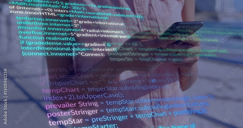 Poster image of data processing over caucasian woman using smartphone