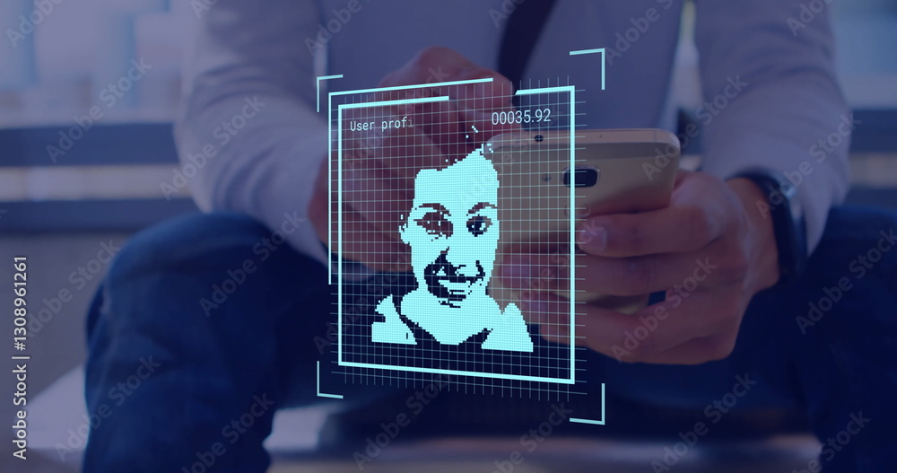 Poster image of data processing with portraits over caucasian businessman using smartphone