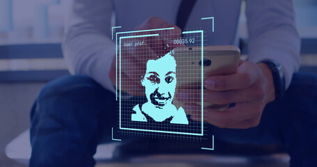 Image of data processing with portraits over caucasian businessman using smartphone