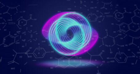 Image of chemical formula over neon circles on blue background
