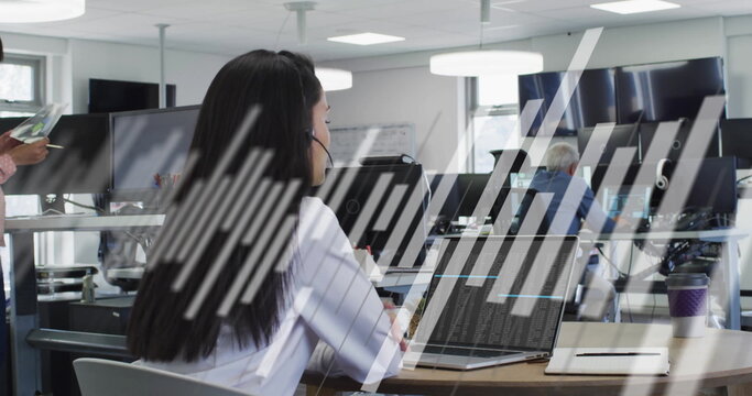 Image of diagram over asian businesswoman using phone headset